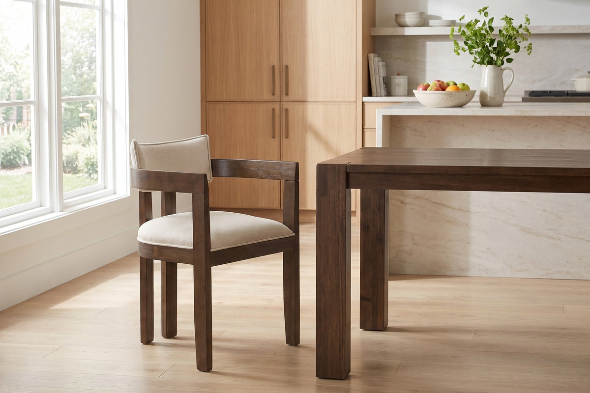 Henri Curved-Arm Dining Chair – Beige, Walnut-Finish Rubberwood Frame, Set of 2