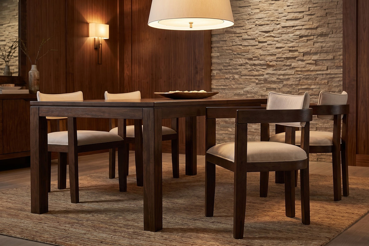 Henri Curved-Arm Dining Chair – Beige, Walnut-Finish Rubberwood Frame, Set of 2