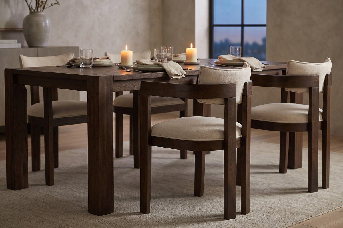 Henri beige dining armchair with a walnut-finish rubberwood frame set for dinner for four