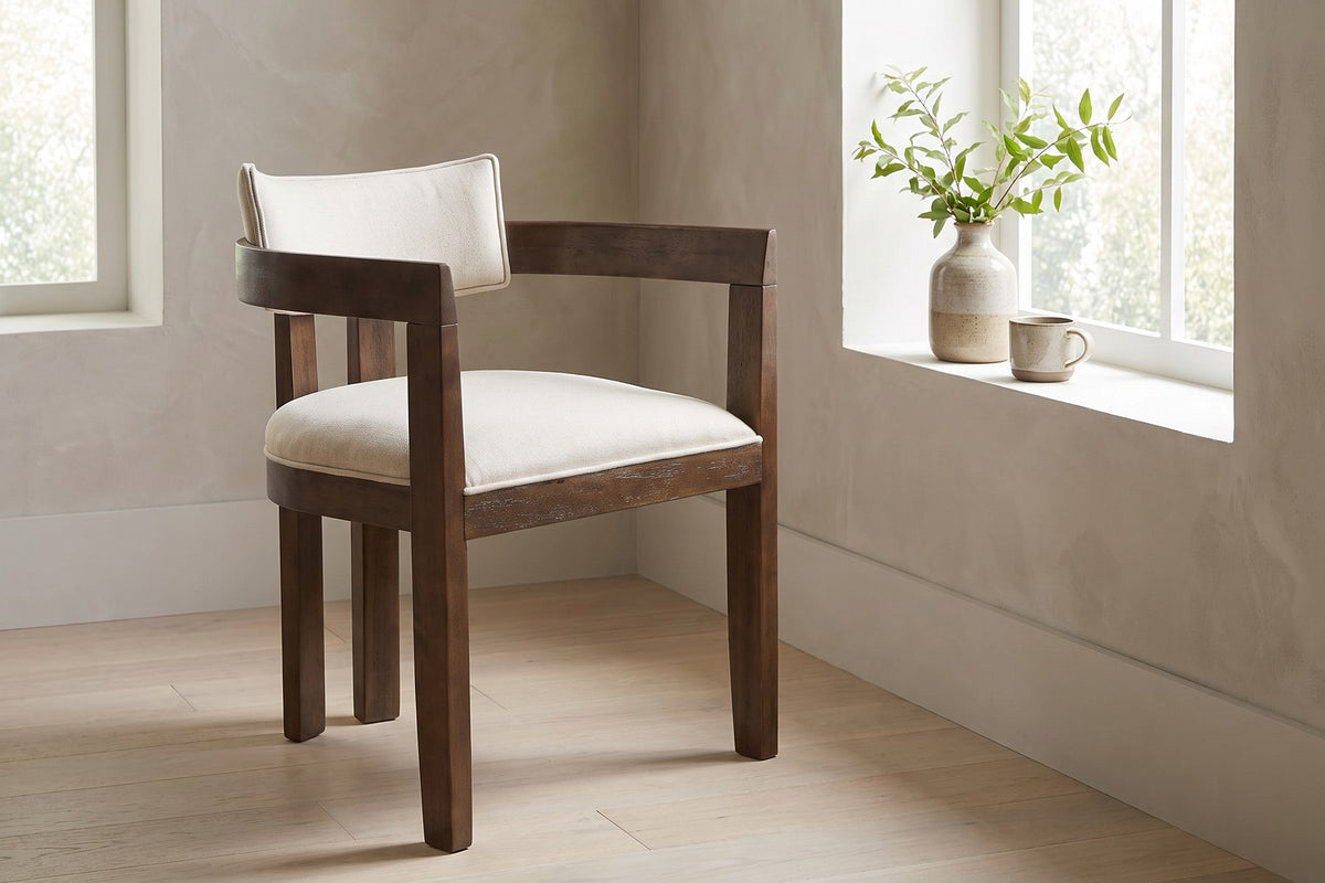 Henri Curved-Arm Dining Chair – Beige, Walnut-Finish Rubberwood Frame, Set of 2