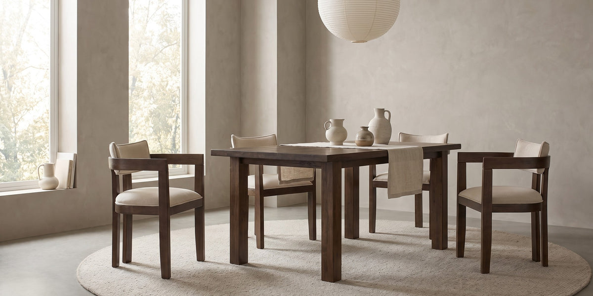 Henri beige dining armchair with a walnut-finish rubberwood frame in a wide, calm dining room