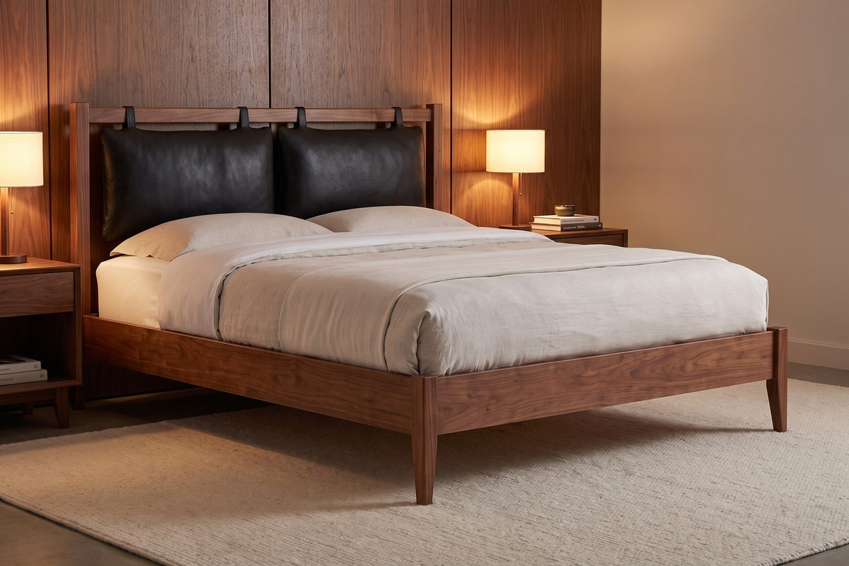 Honfleur Bed with Leather Cushions in Black / Walnut, in a room setting