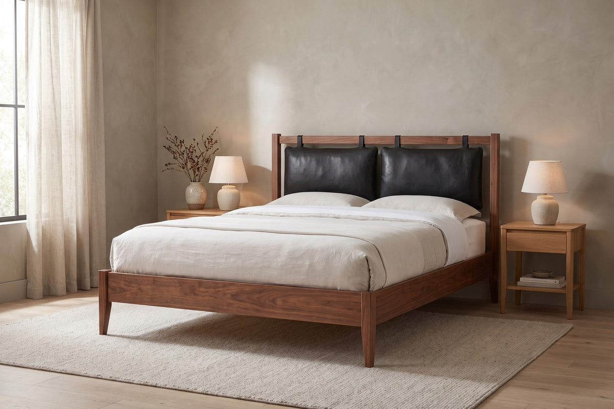 Honfleur Walnut Bed with Leather Headboard Cushions – Mid-Century, Queen