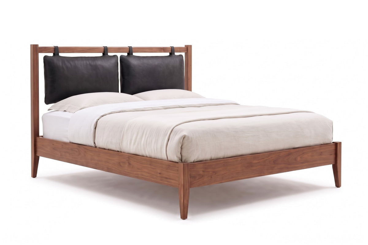 Honfleur Walnut Bed with Leather Headboard Cushions – Mid-Century, Queen
