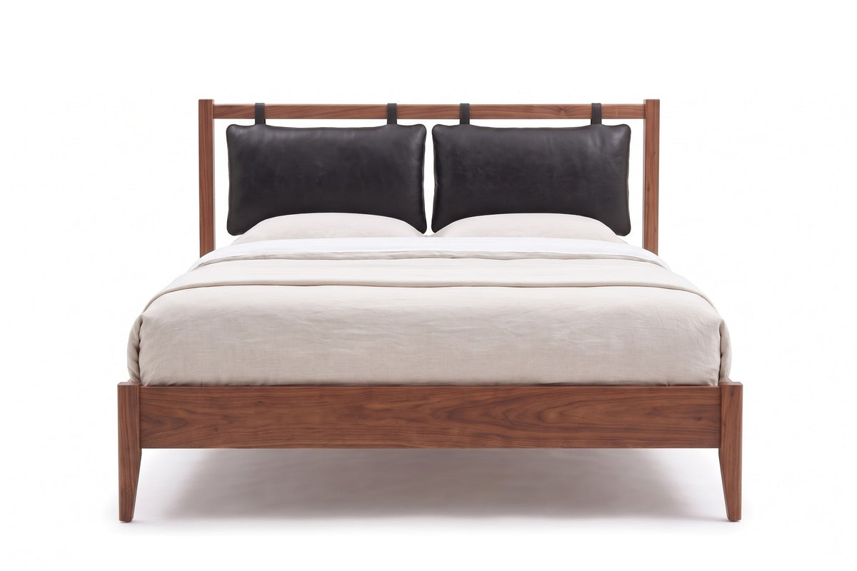 Honfleur Bed with Leather Cushions in Black / Walnut, front view on white