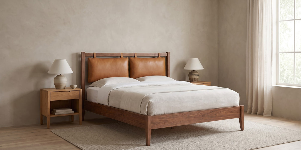 Honfleur Walnut Bed with Cognac Leather Cushions banner
