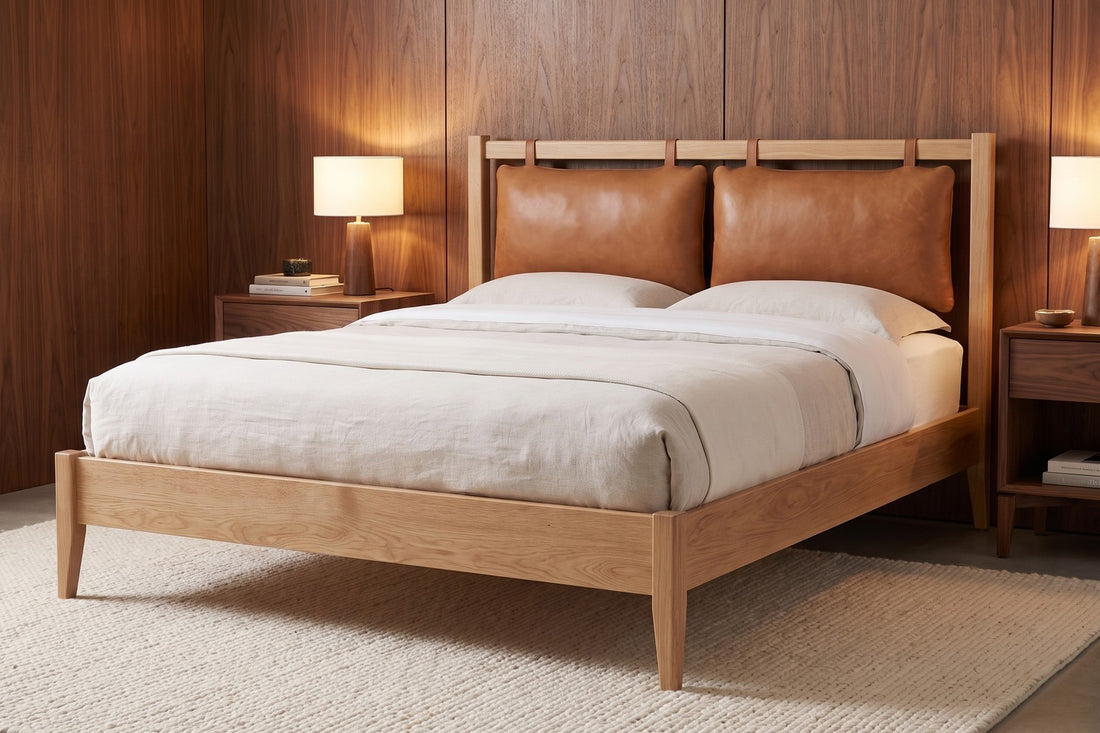 Honfleur Bed with Leather Cushions in Cognac / Natural Oak, in a room setting