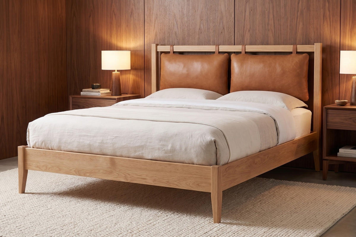 Honfleur Bed with Leather Cushions in Cognac / Natural Oak, in a room setting