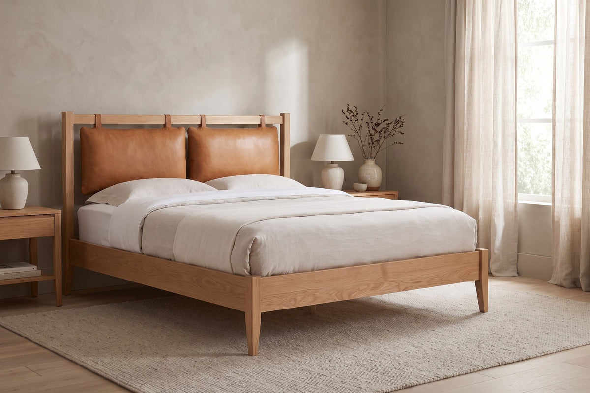 Honfleur Bed with Leather Cushions in Cognac / Natural Oak, in a living space