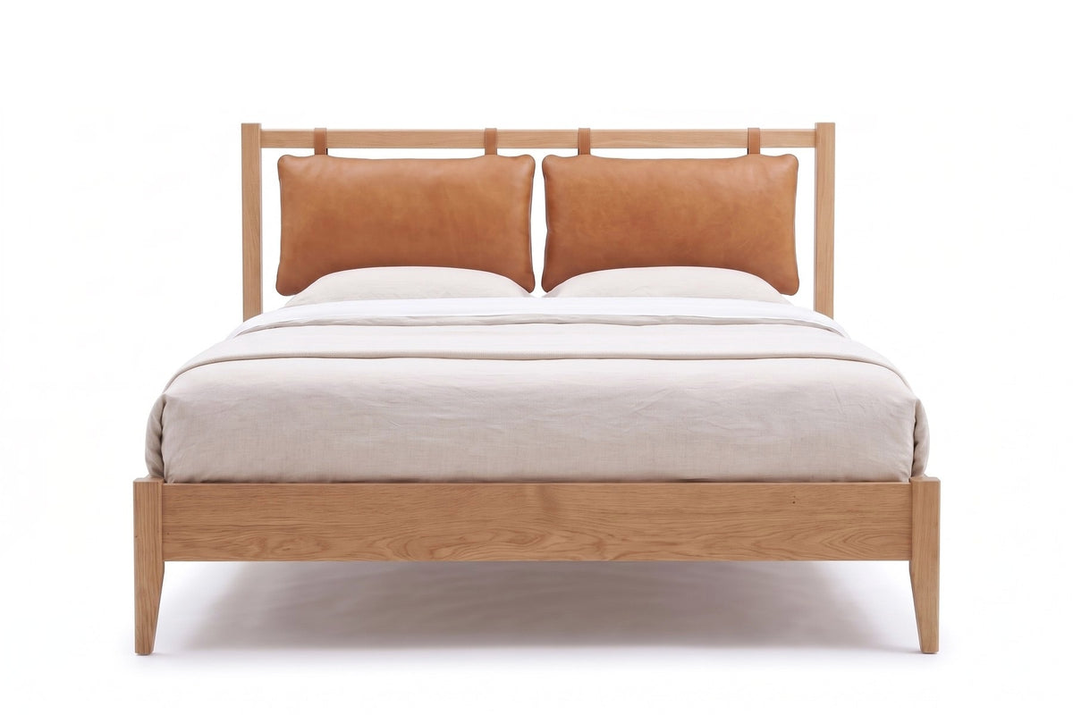 Honfleur Bed with Leather Cushions in Cognac / Natural Oak, front view on white