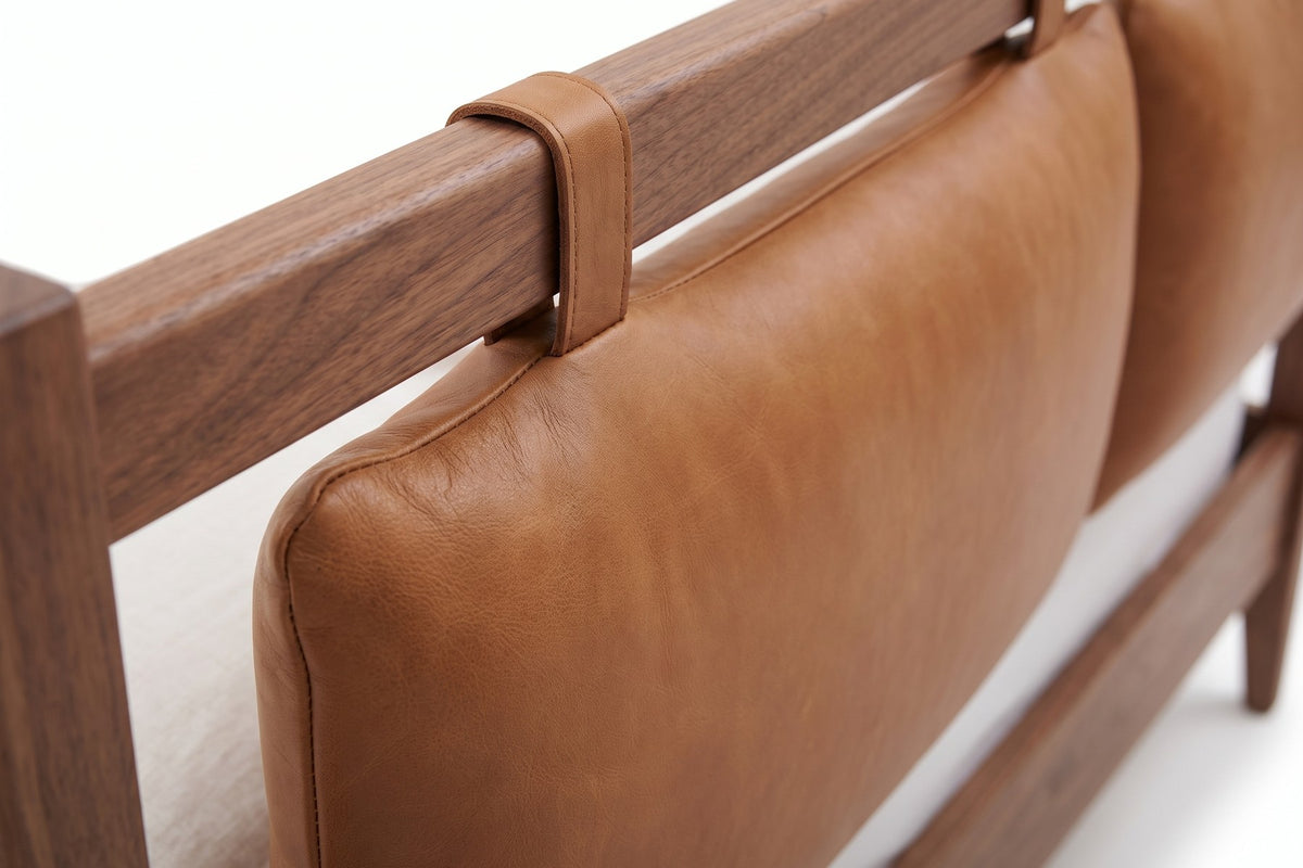 Honfleur Walnut Bed with Leather Headboard Cushions – Mid-Century, Queen