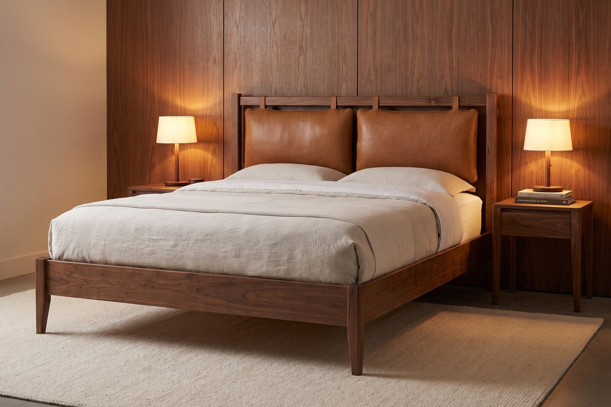 Honfleur Walnut Bed with Leather Headboard Cushions – Mid-Century, Queen