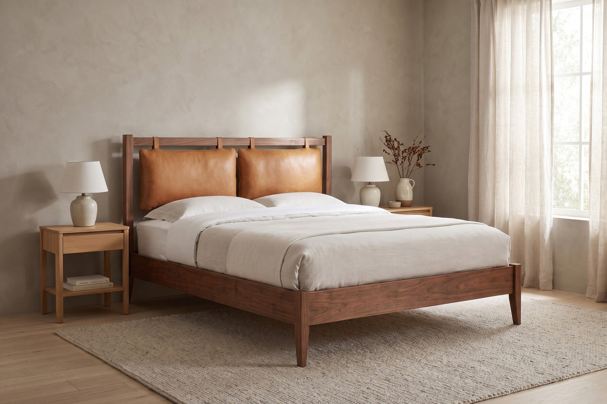 Honfleur Walnut Bed with Leather Headboard Cushions – Mid-Century, Queen
