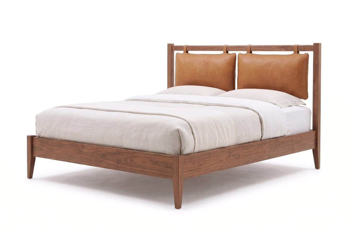 Honfleur Walnut Bed with Leather Headboard Cushions – Mid-Century, Queen