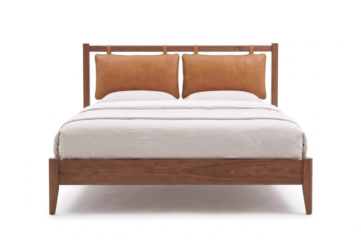 Honfleur Walnut Bed with Leather Headboard Cushions – Mid-Century, Queen