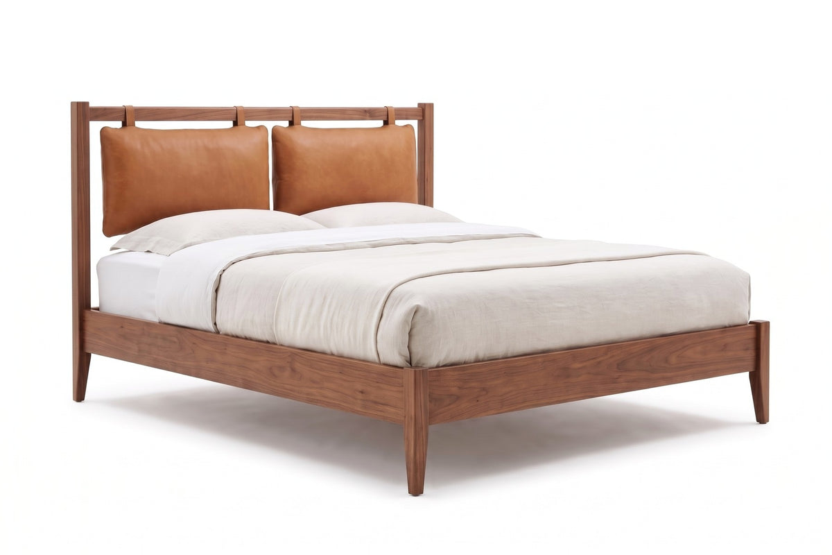 Honfleur Walnut Bed with Leather Headboard Cushions – Mid-Century, Queen