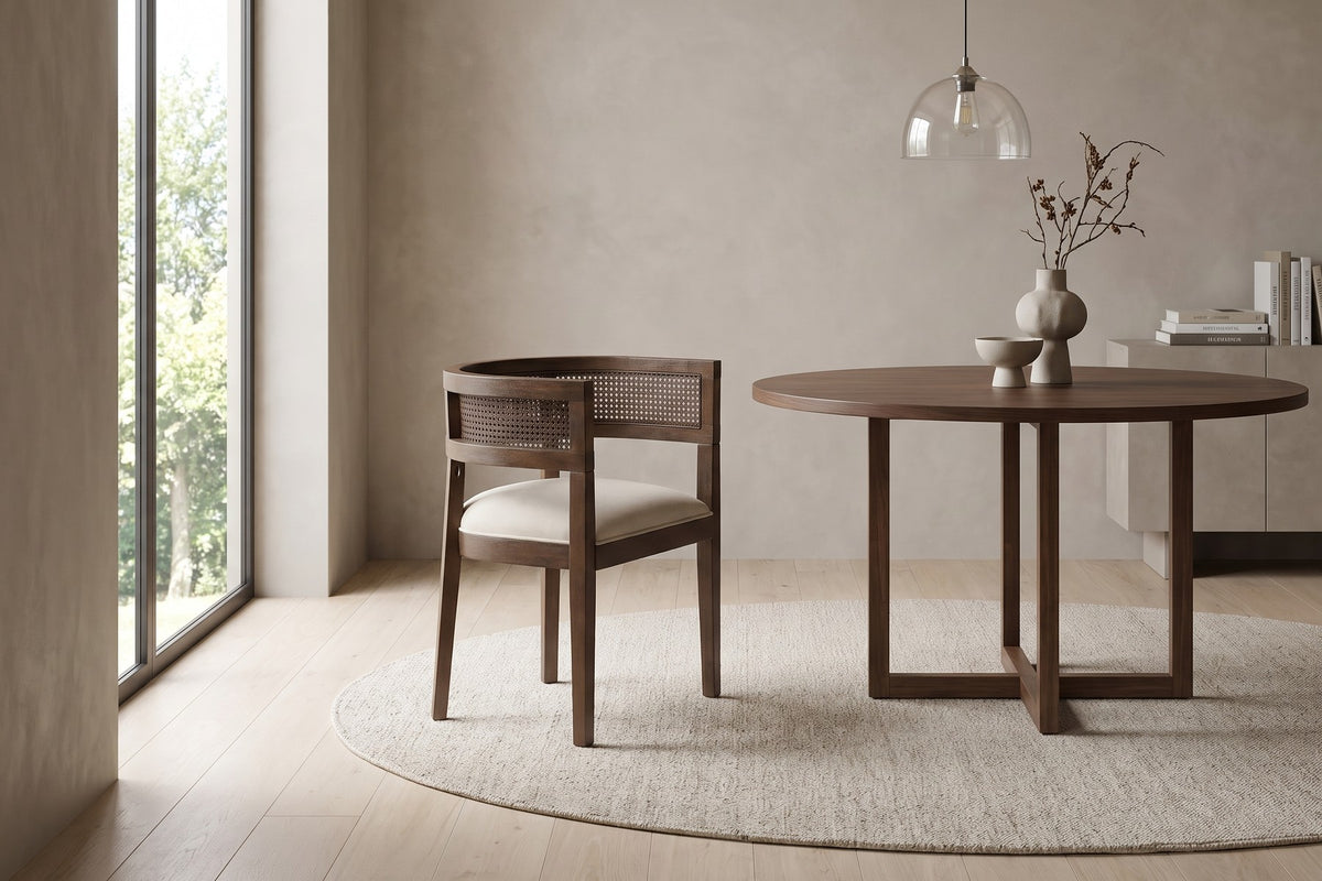 Ines Cane Barrel Dining Chair – Beige, Walnut-Finish Rubberwood Frame, Set of 2