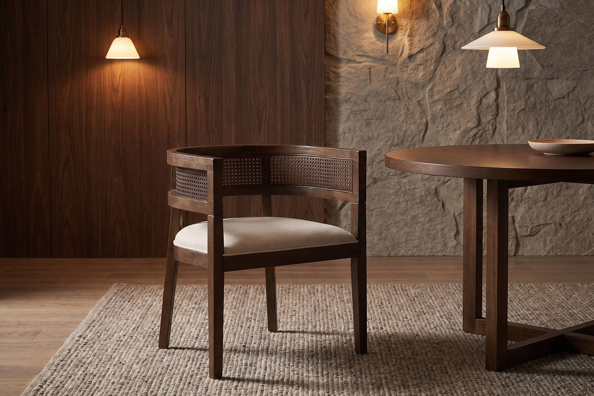 Ines Cane Barrel Dining Chair – Beige, Walnut-Finish Rubberwood Frame, Set of 2