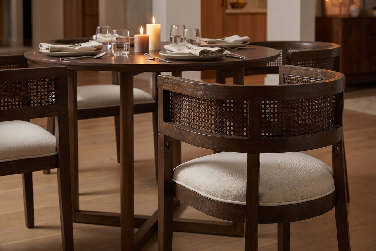 Ines Cane Barrel Dining Chair – Beige, Walnut-Finish Rubberwood Frame, Set of 2