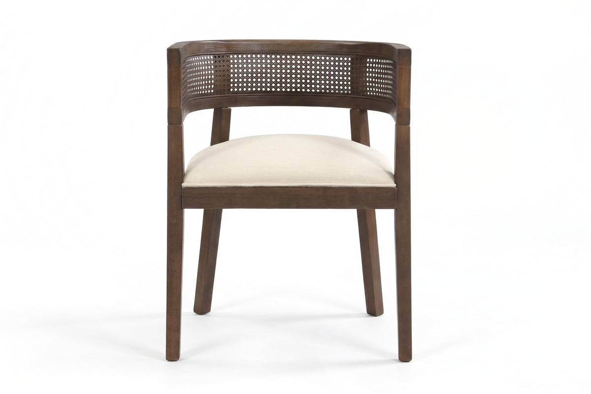 Ines cane barrel dining chair with a walnut-finish frame and beige seat, straight front view on a white background