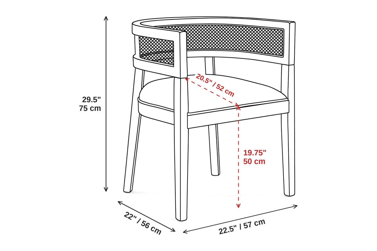 Ines cane barrel dining chair dimensions: 22.5 inches (57 cm) wide, 22 inches (56 cm) deep and 29.5 inches (75 cm) high