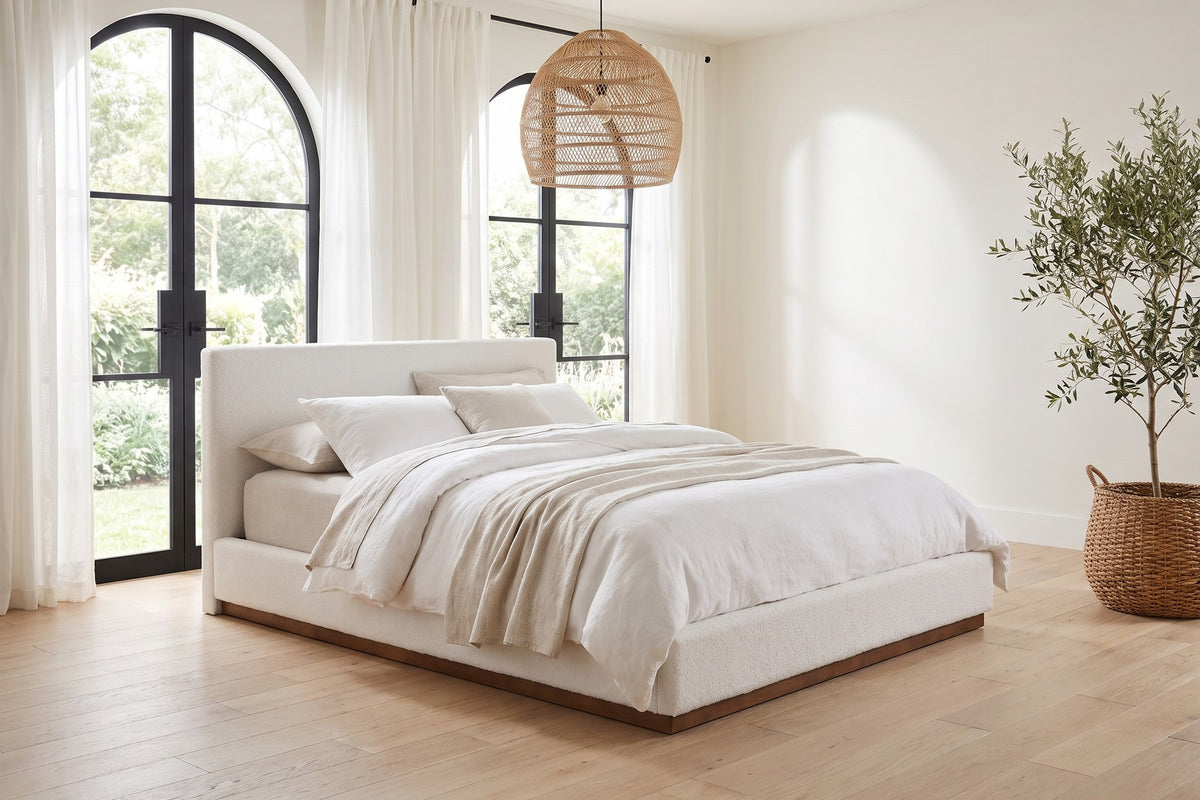 Jeanne Upholstered Platform Bed – White, Brown Rubberwood Base, Queen