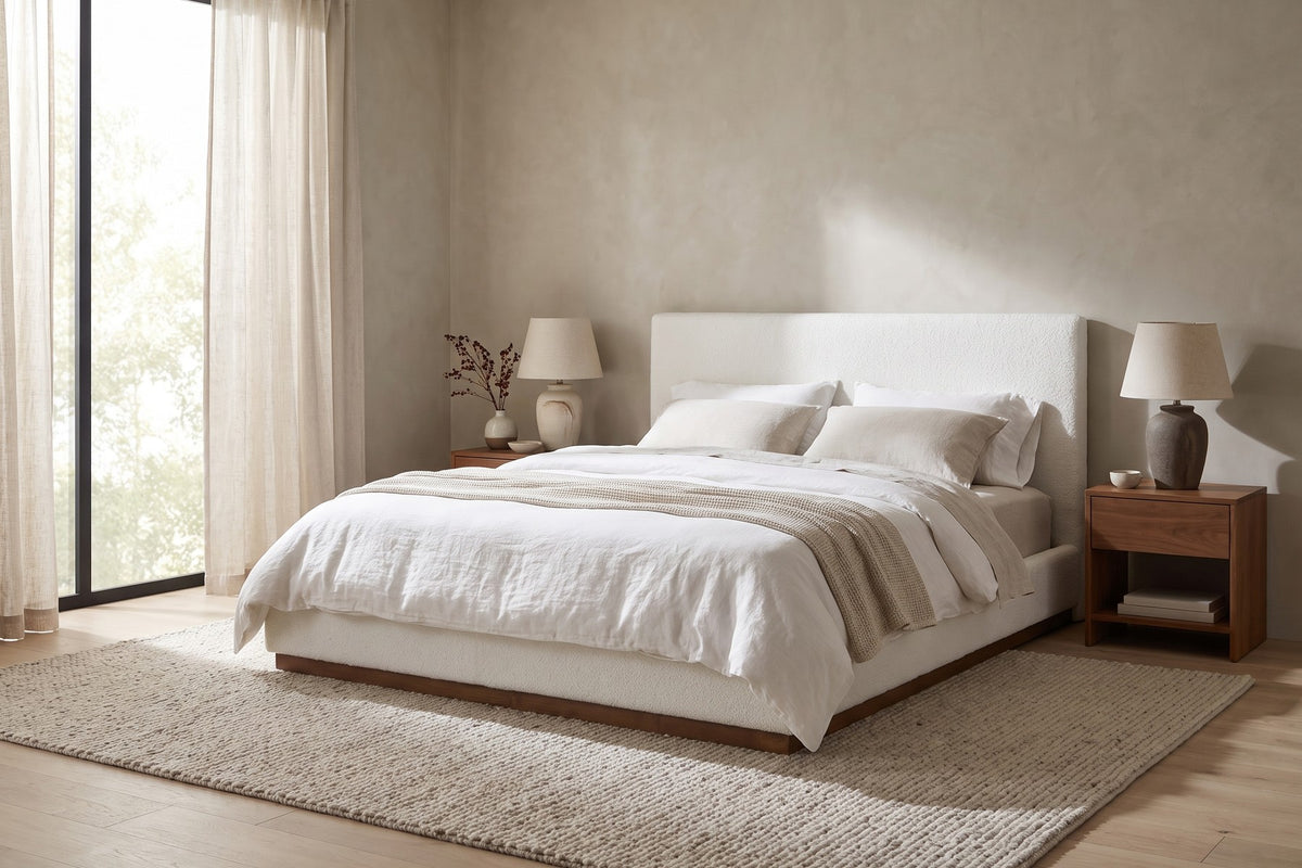 Jeanne Upholstered Platform Bed – White, Brown Rubberwood Base, Queen