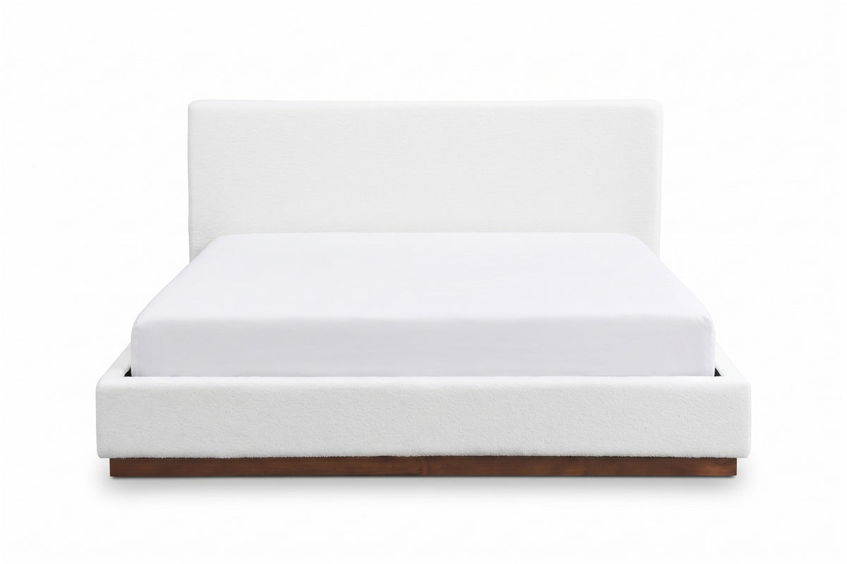 Jeanne Upholstered Platform Bed – White, Brown Rubberwood Base, Queen