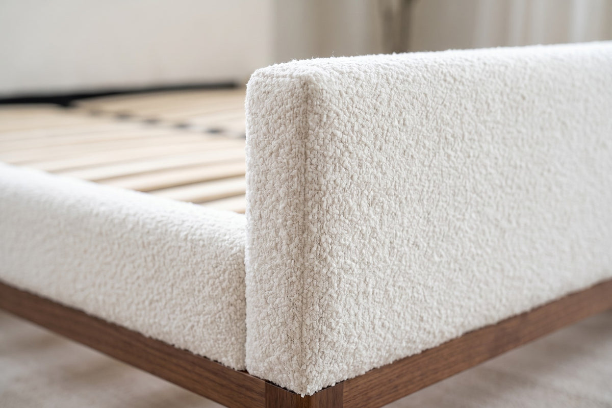Jeanne Upholstered Platform Bed – White, Brown Rubberwood Base, Queen