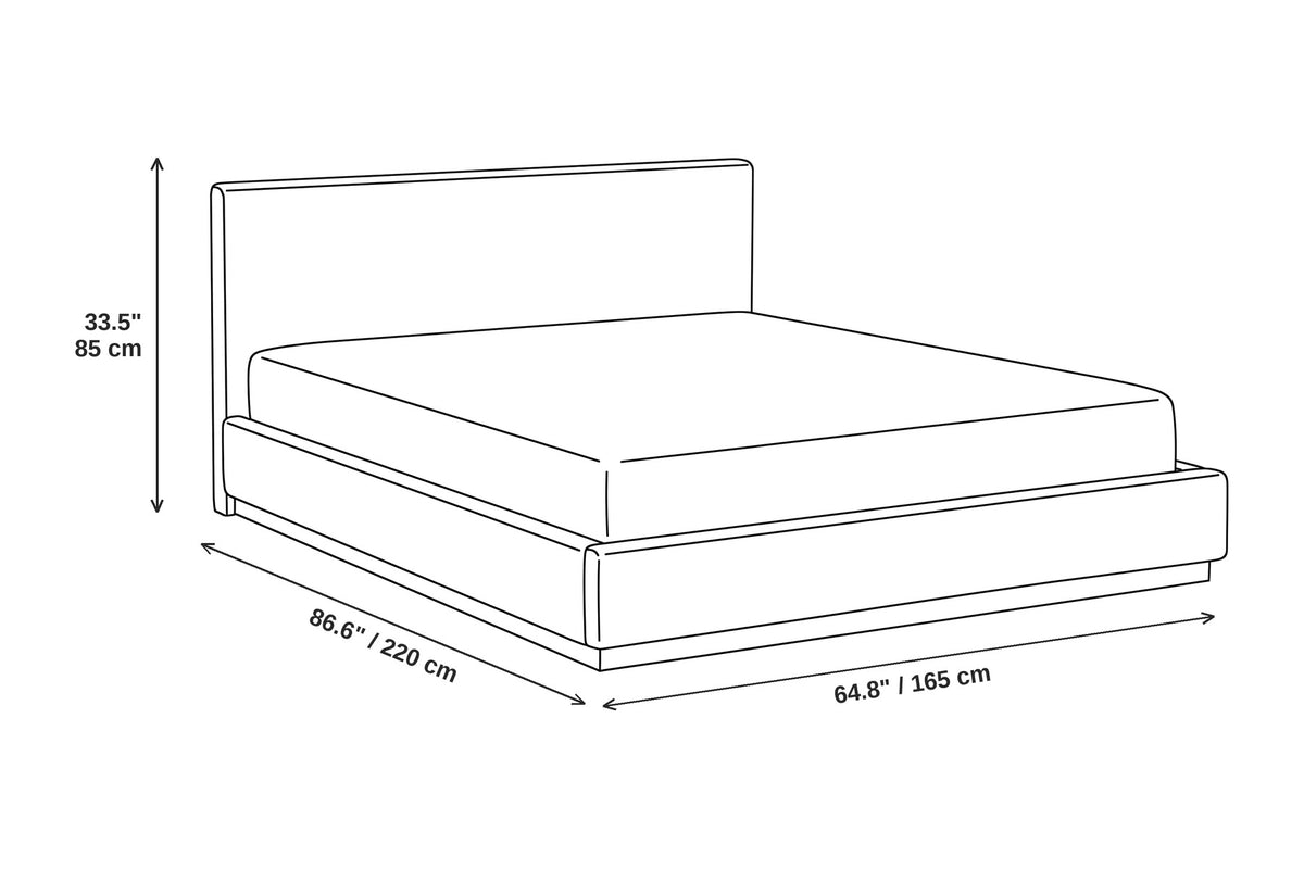 Jeanne upholstered platform bed dimensions: 64.8 inches (165 cm) wide, 86.6 inches (220 cm) long and 33.5 inches (85 cm) high