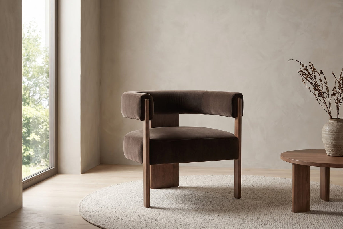 Juliette Velvet Barrel Accent Chair – Dark Brown, Walnut-Finish Frame