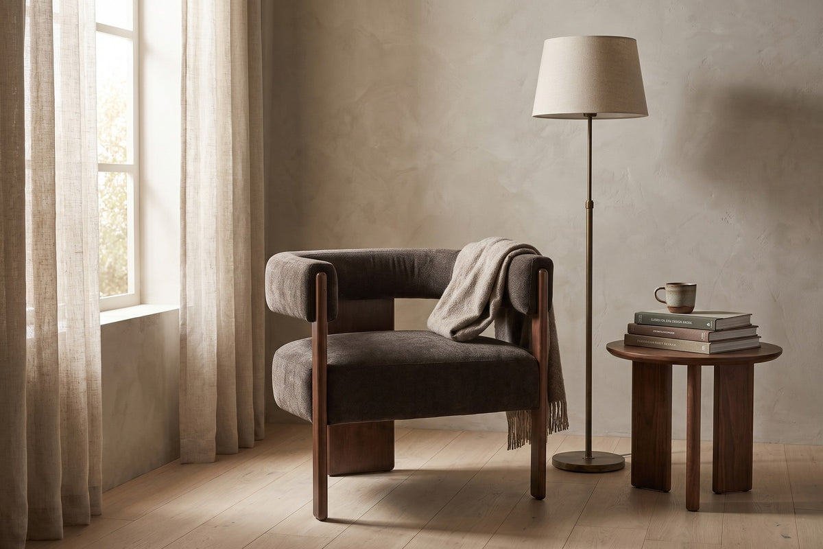 Juliette Velvet Barrel Accent Chair – Dark Brown, Walnut-Finish Frame