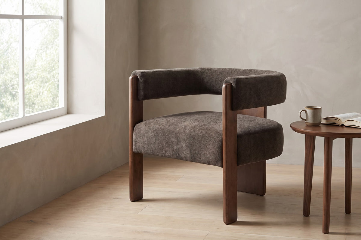 Juliette Velvet Barrel Accent Chair – Dark Brown, Walnut-Finish Frame