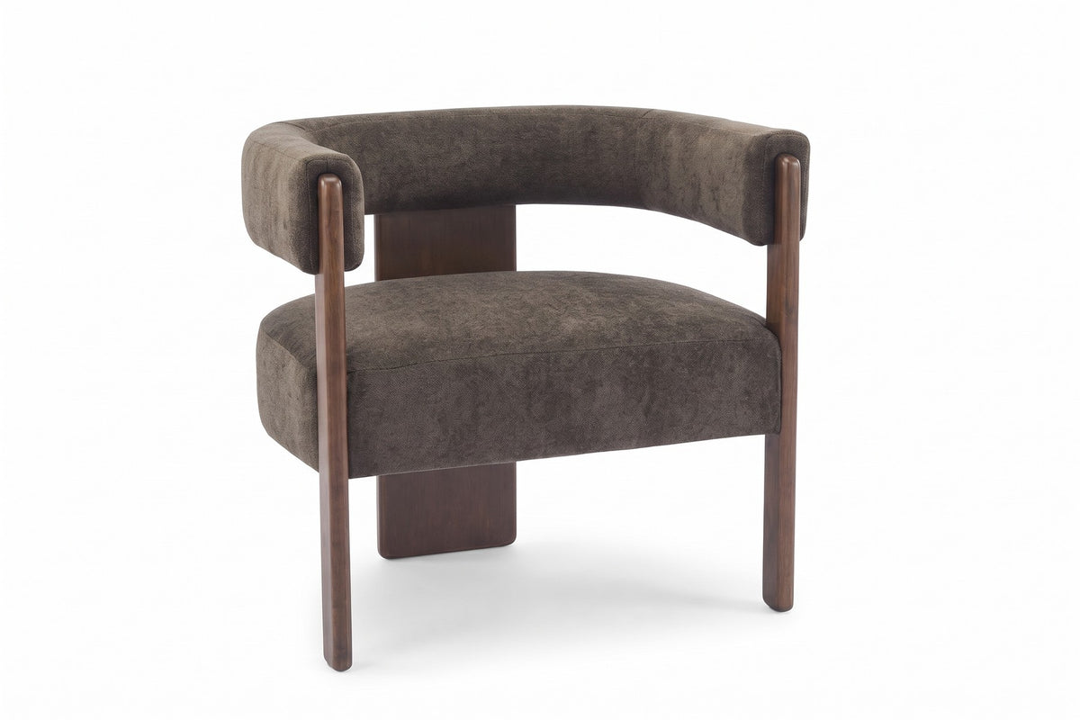 Juliette Velvet Barrel Accent Chair – Dark Brown, Walnut-Finish Frame