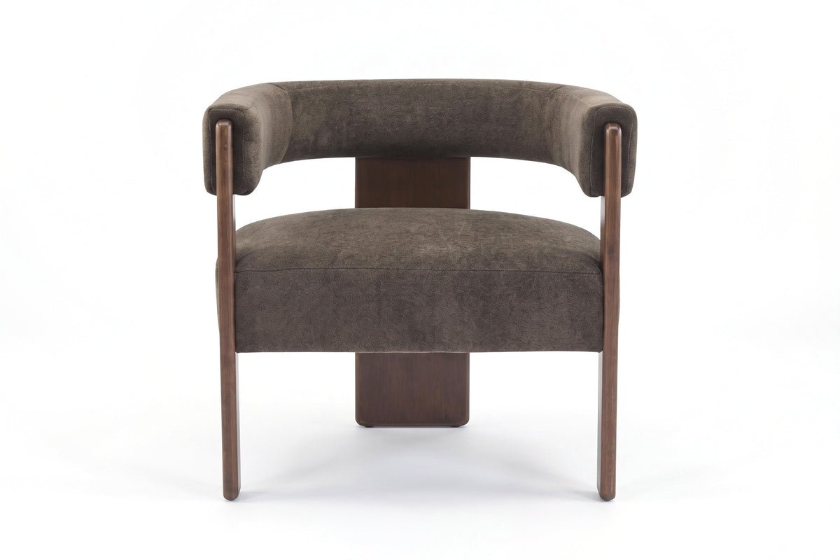 Juliette Velvet Barrel Accent Chair – Dark Brown, Walnut-Finish Frame