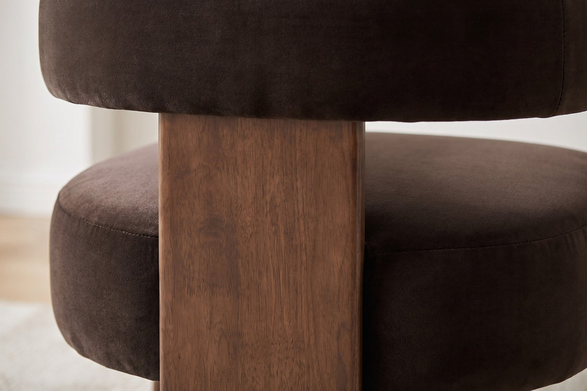 Juliette Velvet Barrel Accent Chair – Dark Brown, Walnut-Finish Frame