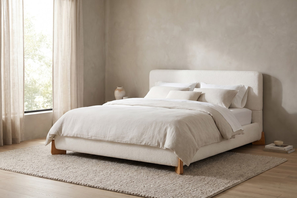 Léonie Bouclé Platform Bed – White, Natural Wood Corner Feet, King