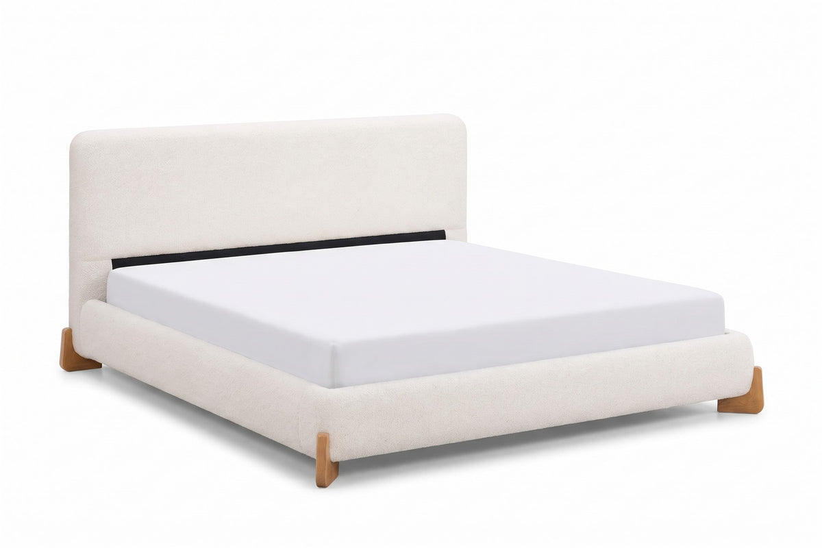 Léonie Bouclé Platform Bed – White, Natural Wood Corner Feet, King