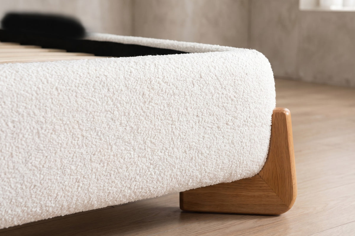 Léonie Bouclé Platform Bed – White, Natural Wood Corner Feet, King