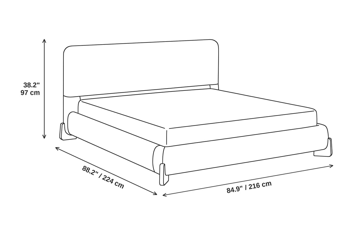 Léonie white bouclé king platform bed with natural wood corner feet dimensions: 84.9 inches wide, 88.2 inches long and 38.2 inches high