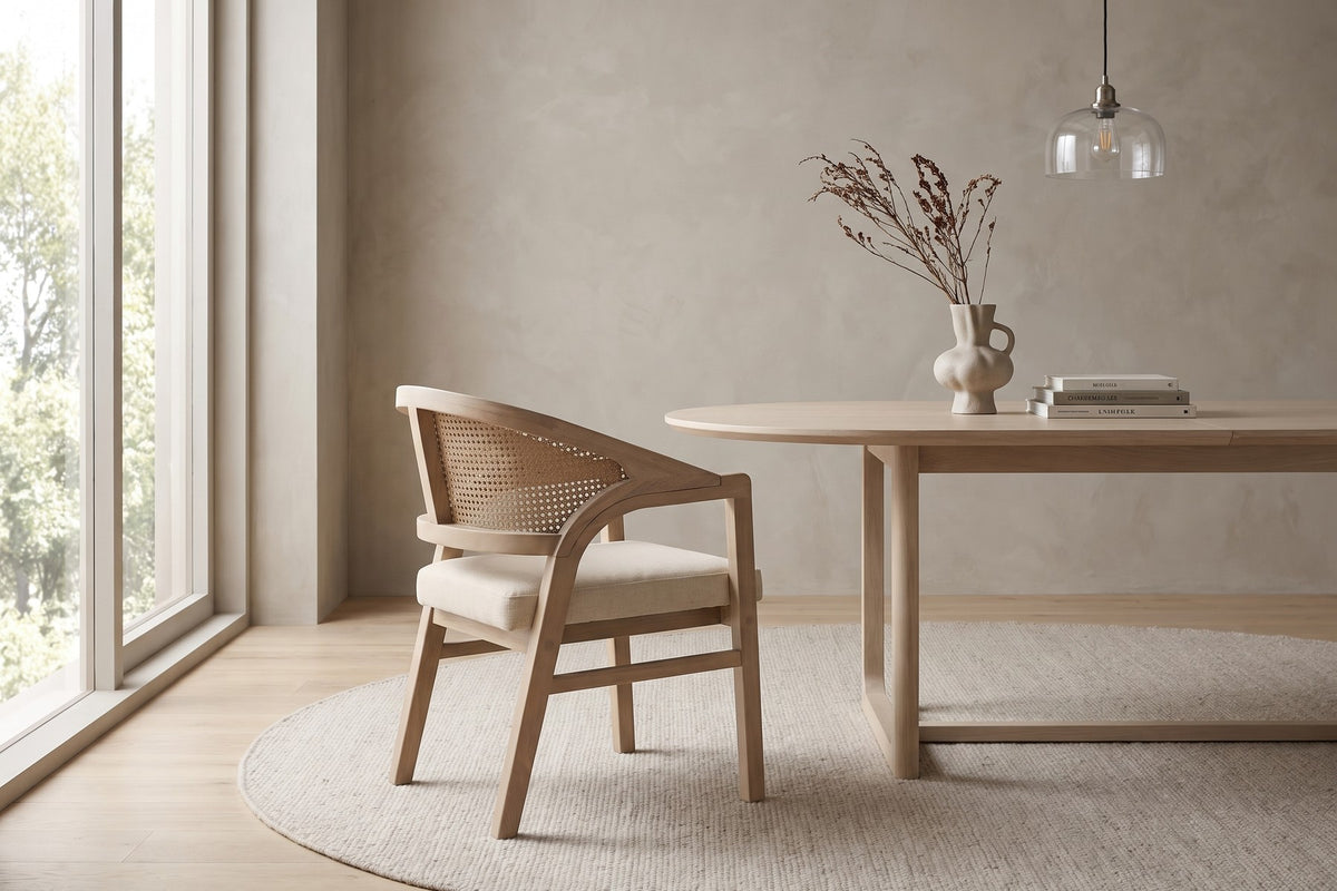 Louise rattan-back dining chair with a light ash rubberwood frame in a calm, daylit dining room