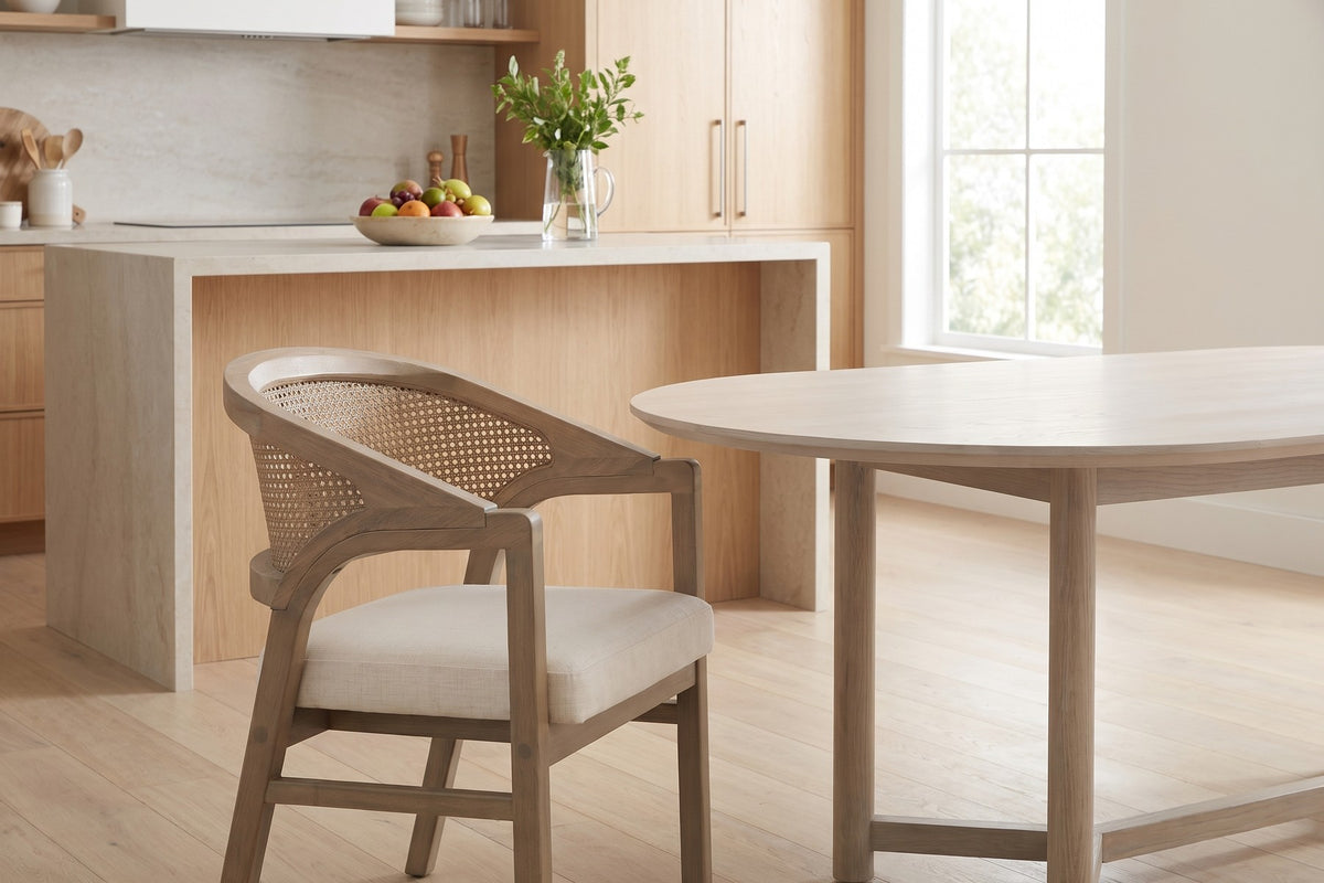 Louise Rattan-Back Dining Chair – Beige, Light Ash Rubberwood Frame, Set of 2