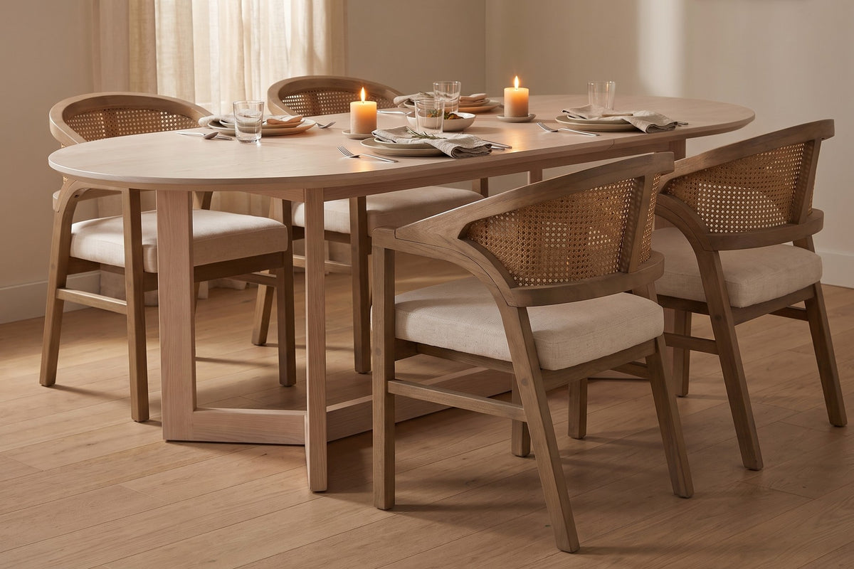 Louise rattan-back dining chair with a light ash rubberwood frame set for dinner for four