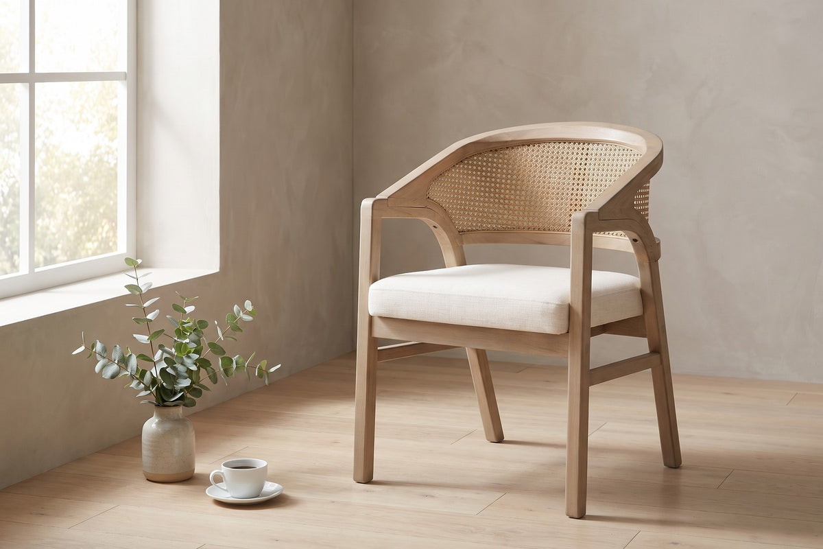 Louise Rattan-Back Dining Chair – Beige, Light Ash Rubberwood Frame, Set of 2