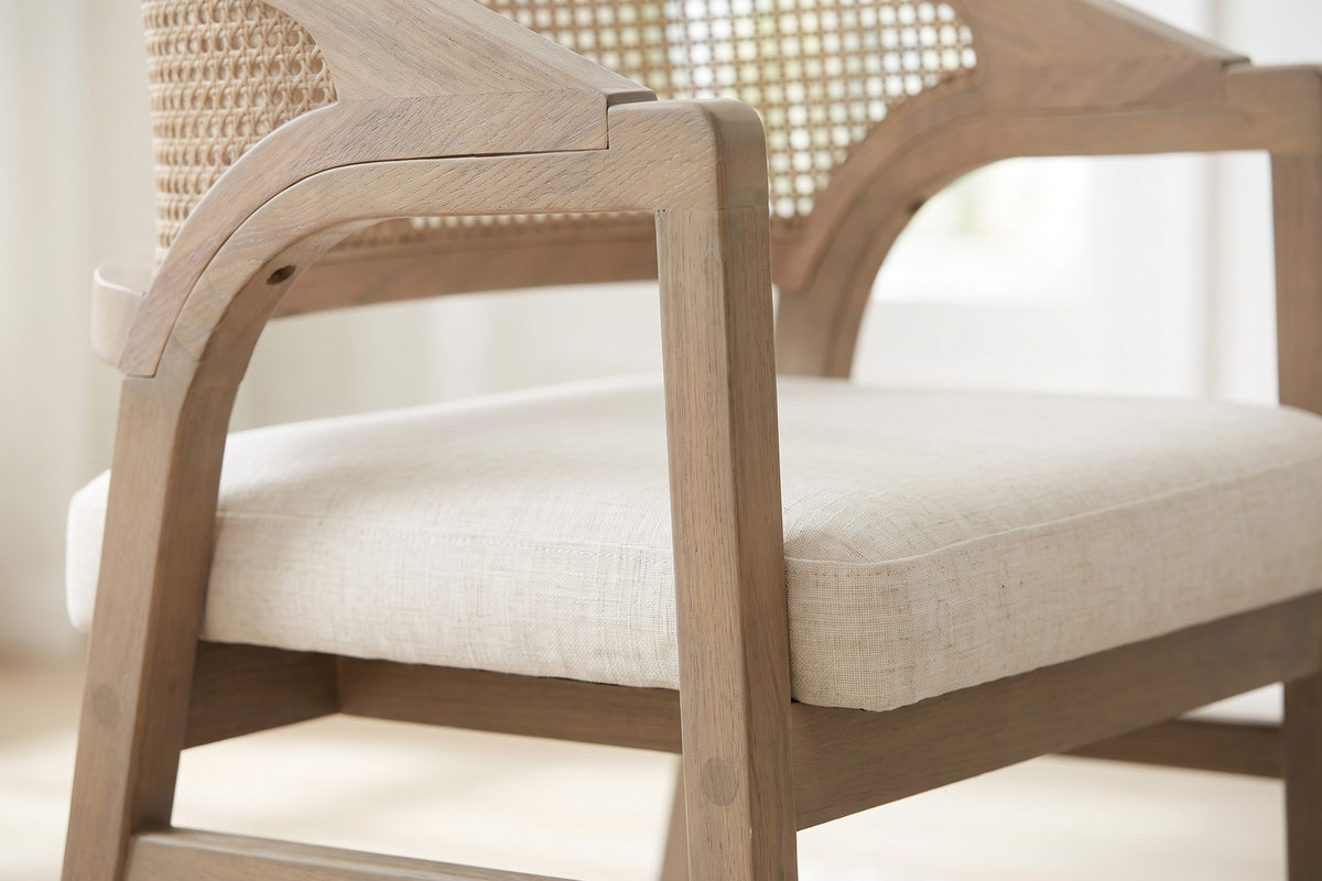 Louise Rattan-Back Dining Chair – Beige, Light Ash Rubberwood Frame, Set of 2