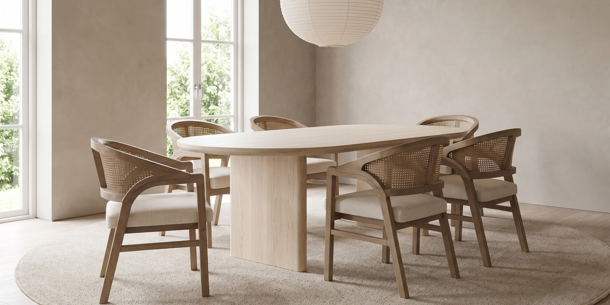 Louise rattan-back dining chair with a light ash rubberwood frame in a wide, calm dining room