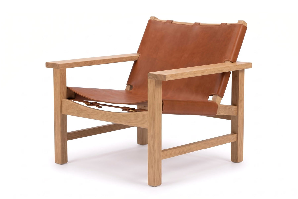 Lourmarin Cognac Leather Sling Chair on Natural Oak on white