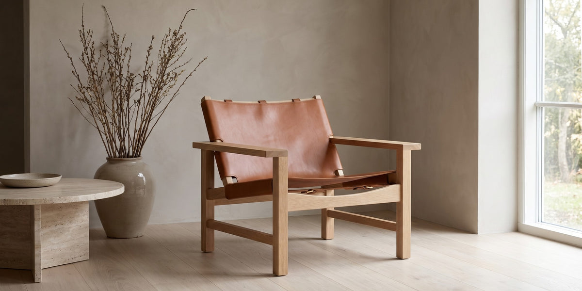 Lourmarin Cognac Leather Sling Chair on Natural Oak banner