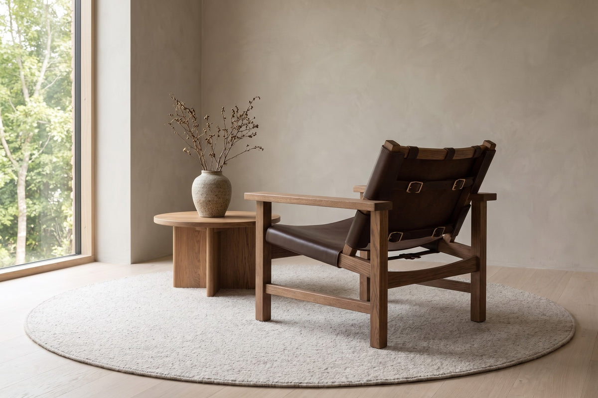 Lourmarin Leather Sling Chair – Solid Oak Frame, Wide Flat Arms, Brass Buckles