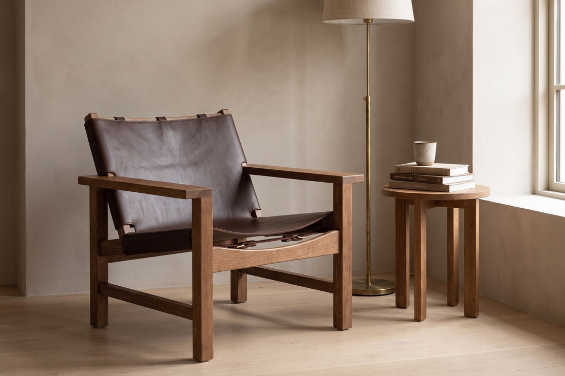 Lourmarin Leather Sling Chair in Chocolate / Walnut, in a living space